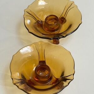 Two Amber Glass Candle Holders for Taper Candles Vintage